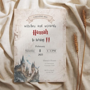May include: A custom invitation with the text "Calling All Witches and Wizards" and "Hannah Is turning 11". The invitation includes a watercolor illustration of a castle and the date: Saturday, February 8, 2025, 4-6 PM.
