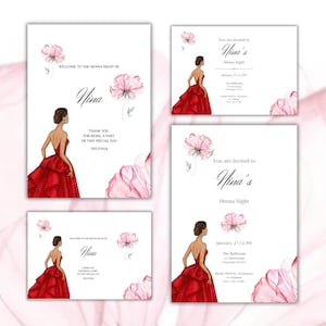 Conjunto de noite editável de hena/mehndi: convite e cartão de mesa/cartão de boas-vindas | Design de vestido vermelho deslumbrante | Download instantâneo | A7, A6 e 5x7 polegadas