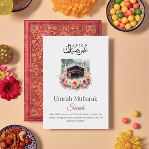 Cartão Umrah Mubarak editável | Saudação islâmica para impressão com personalização de nome