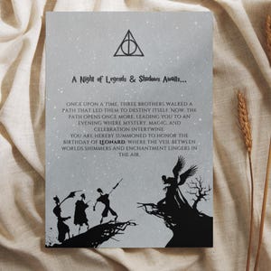 May include: A black and white illustration of three figures walking on a path, with a quote about a night of legends and shadows. The quote includes the text "A Night of Legends & Shadows Awaits..." and "Once upon a time, three brothers walked a path that led them to destiny itself. Now, the path opens once more, leading you to an evening where mystery, magic, and celebration intertwine. You are hereby summoned to honor the birthday of Leonard, where the veil between worlds shimmers and enchantment lingers in the air."