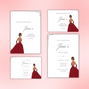 Elegante plantilla de invitación nocturna con henna/mehndi | Descarga digital editable e imprimible | Ilustración de novia morena