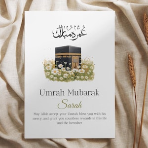 Cartão Umrah Mubarak editável | Saudação islâmica para impressão com personalização de nome