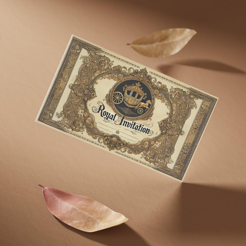 May include: A rectangular invitation card with ornate gold and cream-colored filigree and the words "Royal Invitation." The card features a circular emblem of a horse-drawn carriage. Two dried leaves float near the card.