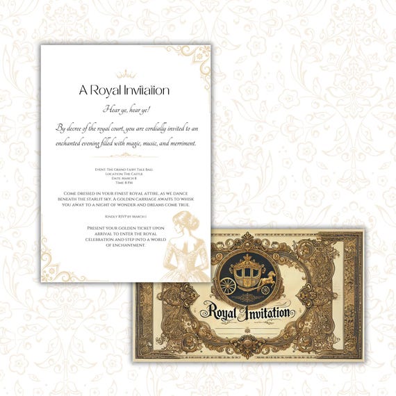 Elegant Royal Invitation & Golden Ticket | Editable Fairy Tale Ball, Princess Party, Birthday and for any other occasion