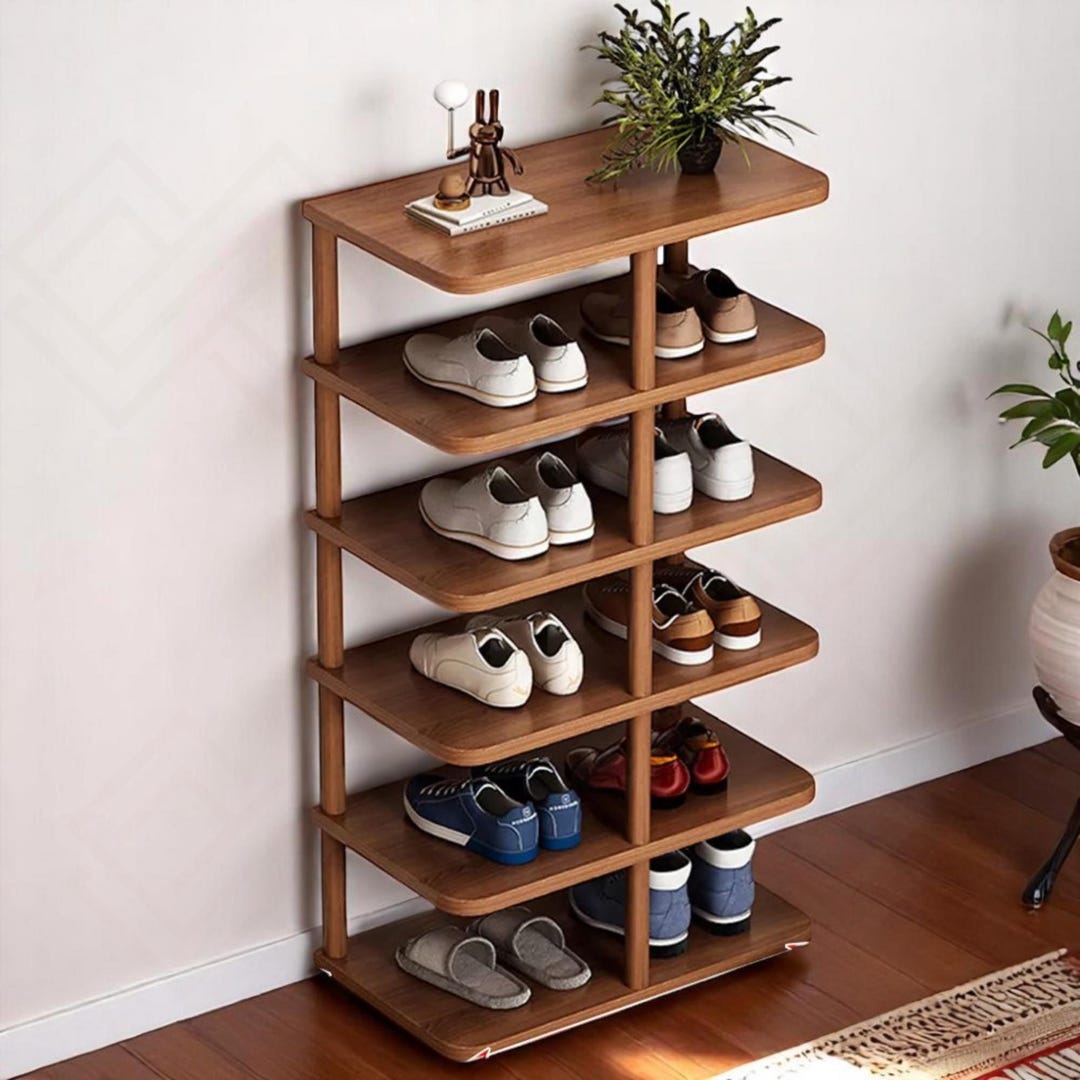 Graduated Shoe Rack 6 Tier Tall Vertical Shoe Rack | Walnut Shoe Tower for Home, Entryway ...