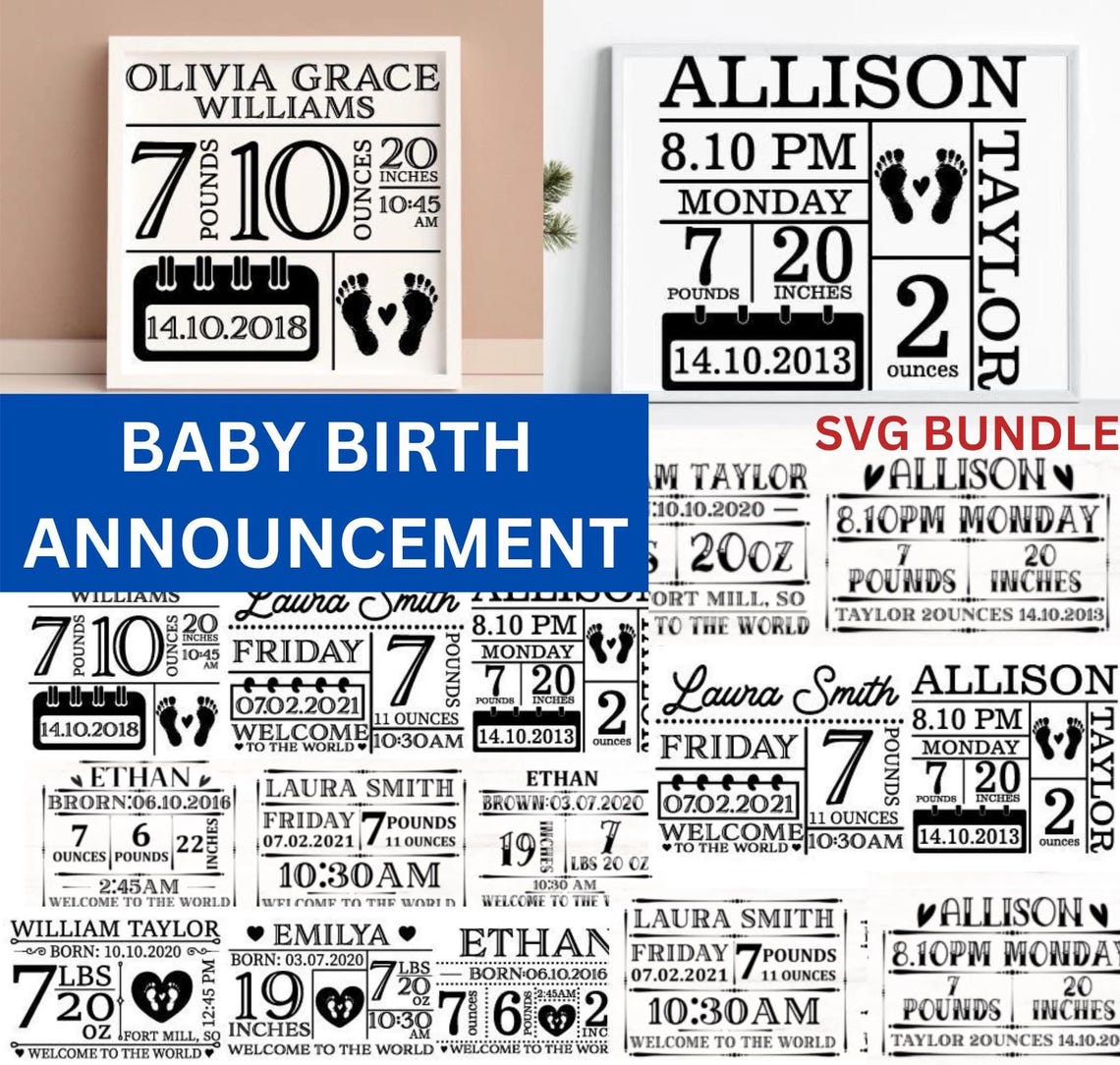 Birth Announcement Svg, Birth Stats Svg, Baby Keepsake Template Svg Dxf ...
