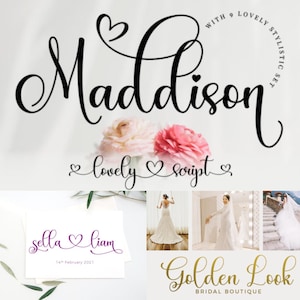 May include: A wedding-themed image featuring the word "Maddison" in elegant script, accompanied by the phrase "lovely script" and floral accents. Additional elements include wedding dress photos and the text "Golden Look Bridal Boutique."