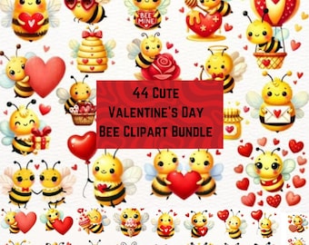May include: A set of 44 cute Valentine's Day bee clipart images. The bees are illustrated in various poses, holding hearts, flowers, and other Valentine's Day themed items. The clipart is perfect for adding a touch of whimsy to your Valentine's Day projects.
