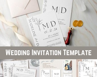 May include: A wedding invitation template with a minimalist design featuring a floral motif and the initials "M.D." in a simple font. The invitation includes the date "07.27.24" and the names "Madeline and Daniel".