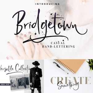 Puede incluir: Presentación de Bridgetown, una fuente de escritura a mano informal. La fuente se muestra en negro sobre un fondo blanco. La palabra "Bridgetown" está escrita en un estilo cursivo y fluido. Las palabras "Casual Hand-Lettering" están escritas en una fuente más pequeña debajo de la palabra "Bridgetown".