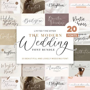 May include: A collage of 20 different wedding fonts, each displayed in a unique style. The fonts are presented in a grid format, with each font name displayed below the sample text. The title "The Modern Wedding Font Bundle" is displayed in a large, bold font at the top of the collage.