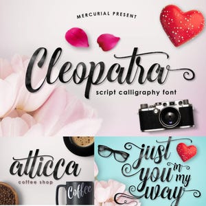Puede incluir: Una descarga digital de una fuente de caligrafía de guion llamada "Cleopatra". La fuente se muestra en negro sobre un fondo de flores rosas y un corazón rojo. El texto "fuente de caligrafía de guion" también se muestra en negro.