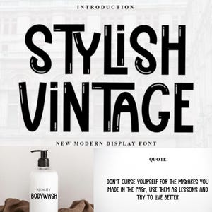 Op de afbeelding: Een witte bodywash-fles met een zwarte pomp, met het label "QUALITY BODYWASH". De afbeelding toont de woorden "STYLISH VINTAGE" in vette zwarte letters, en een citaat: "DON'T CURSE YOURSELF FOR THE MISTAKES YOU MADE IN THE PAST, USE THEM AS LESSONS AND TRY TO LIVE BETTER."