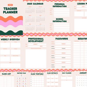 Könnte beinhalten: Ein druckbarer Lehrerplaner in einem rosa, weißen und grünen Farbschema. Der Planer enthält Abschnitte für einen Kalender 2025, persönliche Informationen, Schulinformationen, Unterrichtspläne, eine wöchentliche Übersicht, berufliche Entwicklung, Passwörter, Verhalten, Klassenliste, Sitzplan, Stundenplan, Klassen Geburtstage, Tagesplaner und einen Januar-Kalender.