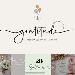 Può includere: Un logo per un font di calligrafia chiamato "gratitude" con uno stile di font scritto a mano. Il logo presenta una semplice illustrazione di tre palloncini rosa, blu e gialli.