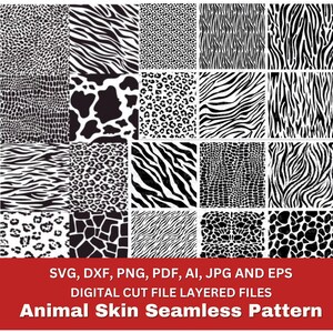 Puede incluir: Una descarga digital de 16 patrones sin costuras de estampado animal en blanco y negro. Los patrones incluyen estampados de cebra, leopardo, vaca, serpiente y jirafa. Los patrones están disponibles en los formatos SVG, DXF, PNG, PDF, AI, JPG y EPS.