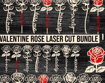 Arte de corte láser de flores de rosa para el día de San Valentín, acrílico, madera, flor personalizada con nombre, archivos de corte editables, descarga digital
