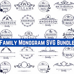 May include: A set of 16 black and white family monogram SVG designs. The designs feature various fonts, floral elements, and the words "family" and "the".