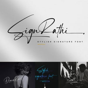 Puede incluir: Una imagen en blanco y negro de una fuente de firma manuscrita llamada "Sign Rathi" con el texto "Stylish Signature Font" debajo. La fuente se muestra en tres ejemplos diferentes: "Diana Rose", "Stylish Signature Font" y "Calum Scott".