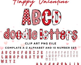May include: A set of red and white doodle letters with a heart pattern. The letters are in uppercase and lowercase, and there are also numbers and symbols. The letters are outlined in black and have a white background. The text "Happy Valentine" is at the top of the image. The text "doodle letters" is below the letters. The text "CLIP ART PNG FILE" is below the letters. The text "COMPLETE A-Z ALPHABET AND 10 NUMBER SET" is below the letters.