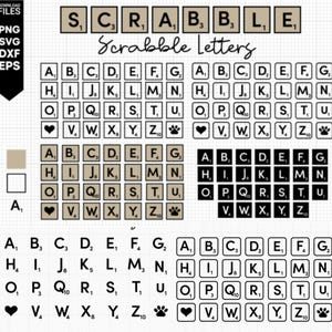 May include: A set of Scrabble tiles with the letters A through Z, along with blank tiles and a paw print tile. The tiles are arranged in rows and columns, with the letter value printed on each tile. The tiles are in black and white, with the letters in a white font on a black background. The tiles are arranged in a grid pattern, with the letters in alphabetical order. The tiles are surrounded by a white border.