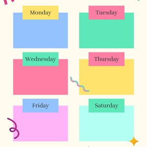 Peut inclure: Un planificateur hebdomadaire avec des cases colorées pour chaque jour de la semaine, du lundi au dimanche. Le planificateur a un motif de soleil rose en haut à gauche et une palette de couleurs rose, jaune et verte.