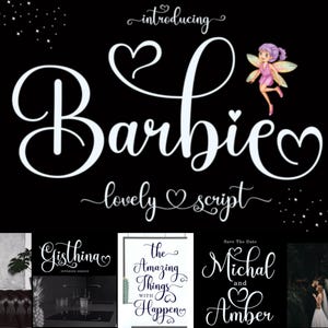 Può includere: Un download di font per un font di scrittura chiamato "Barbie" con un design a forma di cuore. Il font è mostrato in diversi esempi, tra cui "Gistlina", "The Amazing Things Happen" e "Michal and Amber".