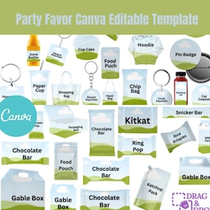 May include: A Canva template with a variety of party favor ideas, including food pouches, chip bags, chocolate bars, gable boxes, and keychains. The template features a green and blue color scheme with a cartoon landscape design.