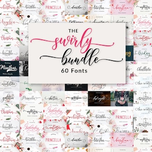Puede incluir: Una colección de 60 fuentes cursivas en un paquete llamado "The Swirly Bundle". Las fuentes se muestran en una cuadrícula con una variedad de fondos florales y estampados.