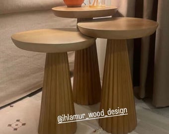 Mesa auxiliar de madera hecha a mano con forma de seta: mesa de centro redonda moderna