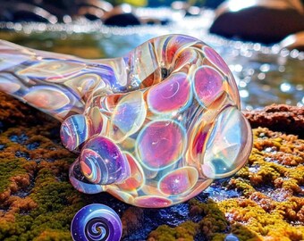 Bernsteinviolette Glaspfeife mit Pfauenflecken-Design - Einzigartige mundgeblasene Räucherschale, künstlerisches Farbwechsel Glasstück