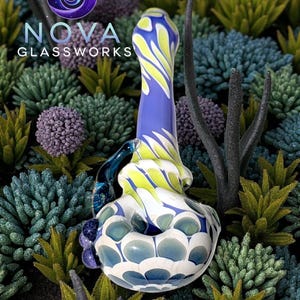Handblown Glass Pipe Dichro Flame Glass Piece, Lilac, Green & Blue Peacock Design