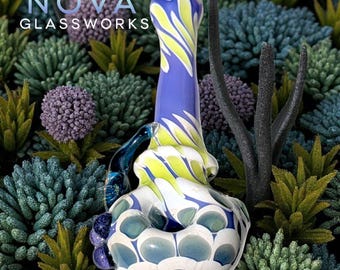 Dichro Flame Glaspfeife: Lila, Grün & Blau Pfau Design