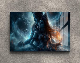 May include: A digital art print depicting a divine couple in shades of blue and orange. The artwork features a man and woman in a celestial setting, with intricate details and a mystical atmosphere. The print is mounted on a neutral-toned wall.