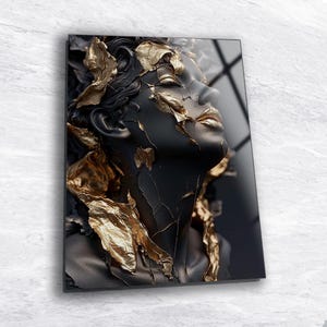 Modern Glass Wall Art: Black & Gold Sculpture Print