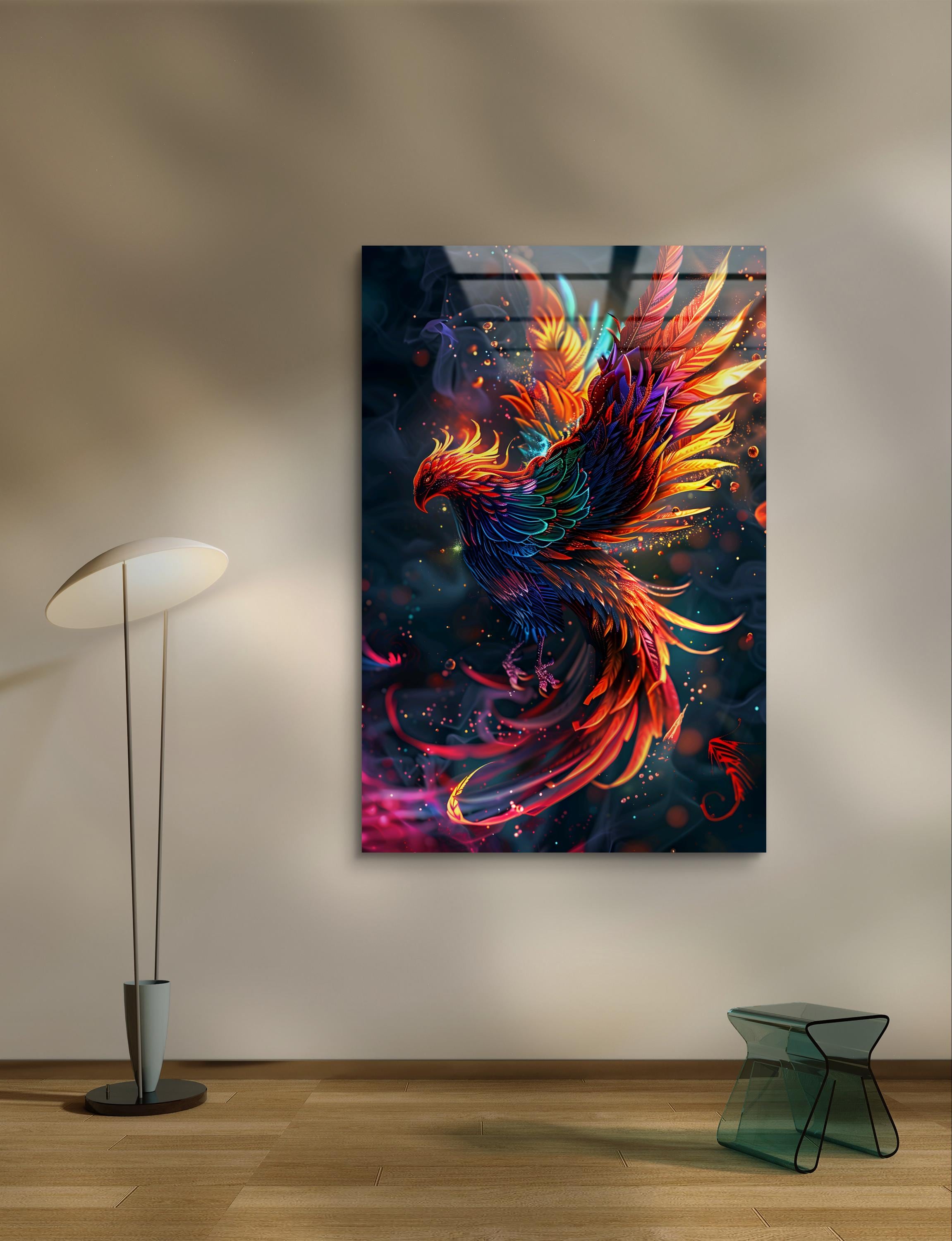 フェニックスウォールアート：鮮やかな色の強化ガラスパネル - Etsy 日本
