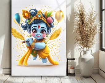 Baby Krishna Glass Wall Art: Hindu Spiritual Decor