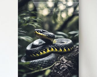 May include: A framed print of a black snake with yellow markings coiled on a tree branch. The artwork is set against a backdrop of green foliage. The print is displayed on a wooden easel, creating a naturalistic theme.