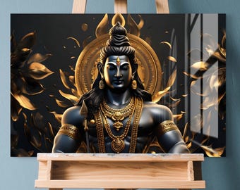 Lord Shiva Lingam and Trishul Glass Wall Art - Symbolic Divine