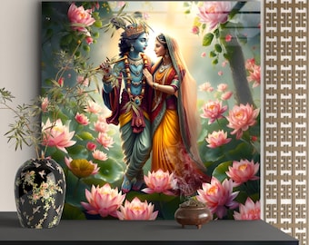 Puede incluir: Impresión en lienzo cuadrada que representa a una pareja con vestimenta tradicional india, rodeada de flores de loto rosas. El hombre, con piel azul, sostiene una flauta. La mujer lleva un sari amarillo. La obra tiene un fondo claro.