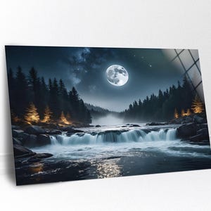 Moonlit Waterfall Glass Wall Art: Peaceful Night Forest Landscape
