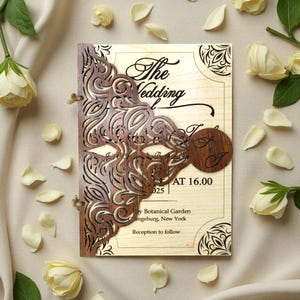 Rustic Wooden Wedding Invitation Set: Engraved Real Wood, Kraft Envelopes