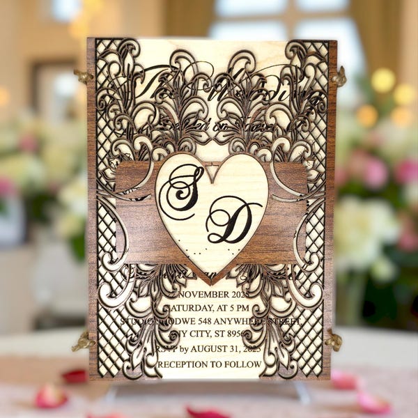 Rustieke houten huwelijksuitnodigingset, gepersonaliseerde houten uitnodigingen voor schuurbruiloft, op maat gegraveerde landhuwelijksuitnodigingen met enveloppen