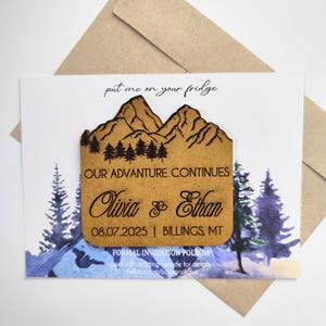 Magnet personnalisé en bois pour mariage en montagne | Réservez cette date rustique | Cadeau de mariage nature personnalisé avec des cartes | Cadeau de mariage personnalisé