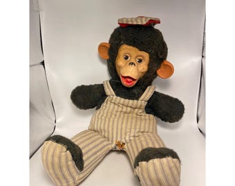 VINTAGE plush monkey rubber face TRAIN CONDUCTOR outfit