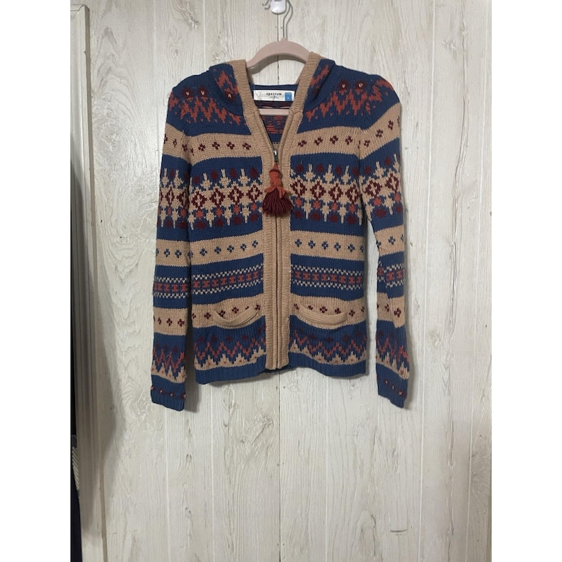 Anthropologie Sparrow Blue Beige Aztec Nordic Knit Full Zip Hoodie Jacket Sz S image 1