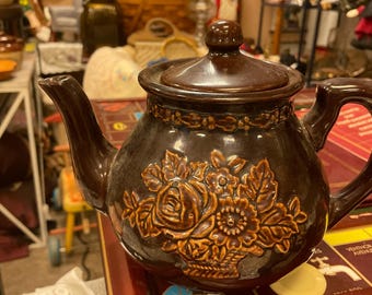VTG 1950’s Handmade Redware Brown Betty Floral Embossed Ceramic Teapot with lid made in Japan featuring flowers in a basket