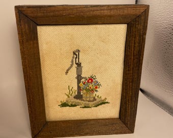 Vintage Wood Framed Cross Stitch Well and Flowers Wall Decor 8x7.5