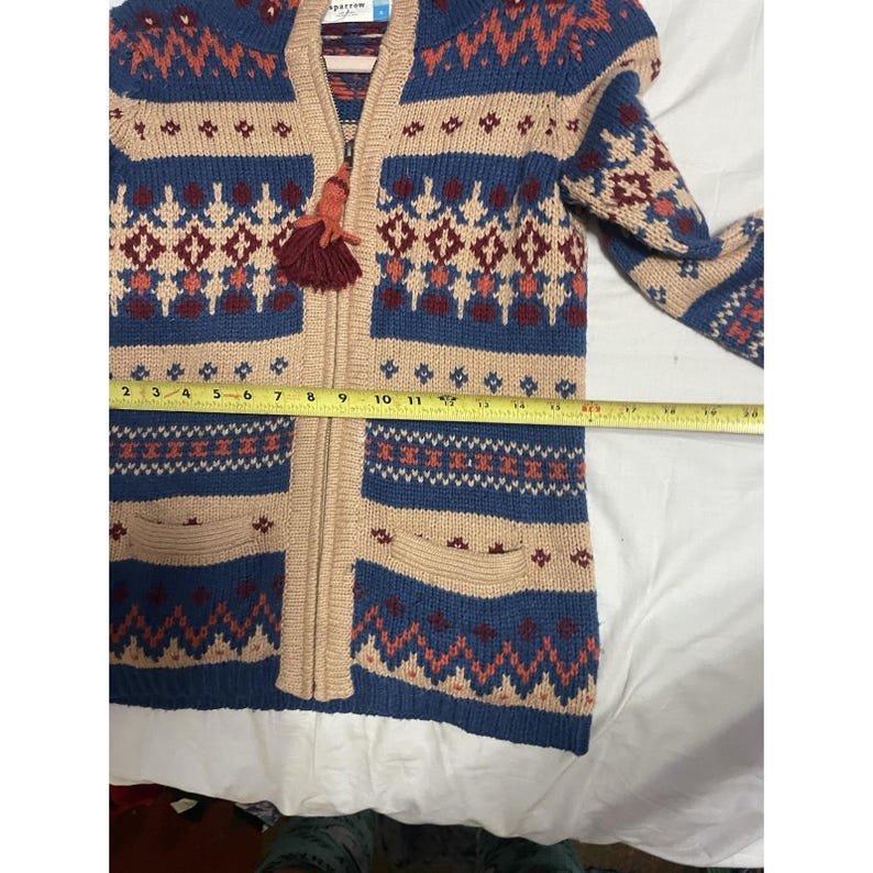 Anthropologie Sparrow Blue Beige Aztec Nordic Knit Full Zip Hoodie Jacket Sz S image 5