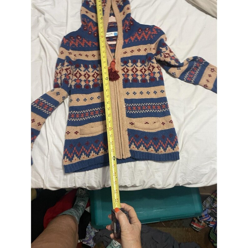 Anthropologie Sparrow Blue Beige Aztec Nordic Knit Full Zip Hoodie Jacket Sz S image 4